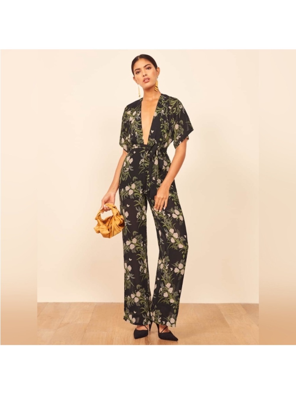 Reformation Floral V-Neck Wide-Leg Jumpsuit - Black/Green,